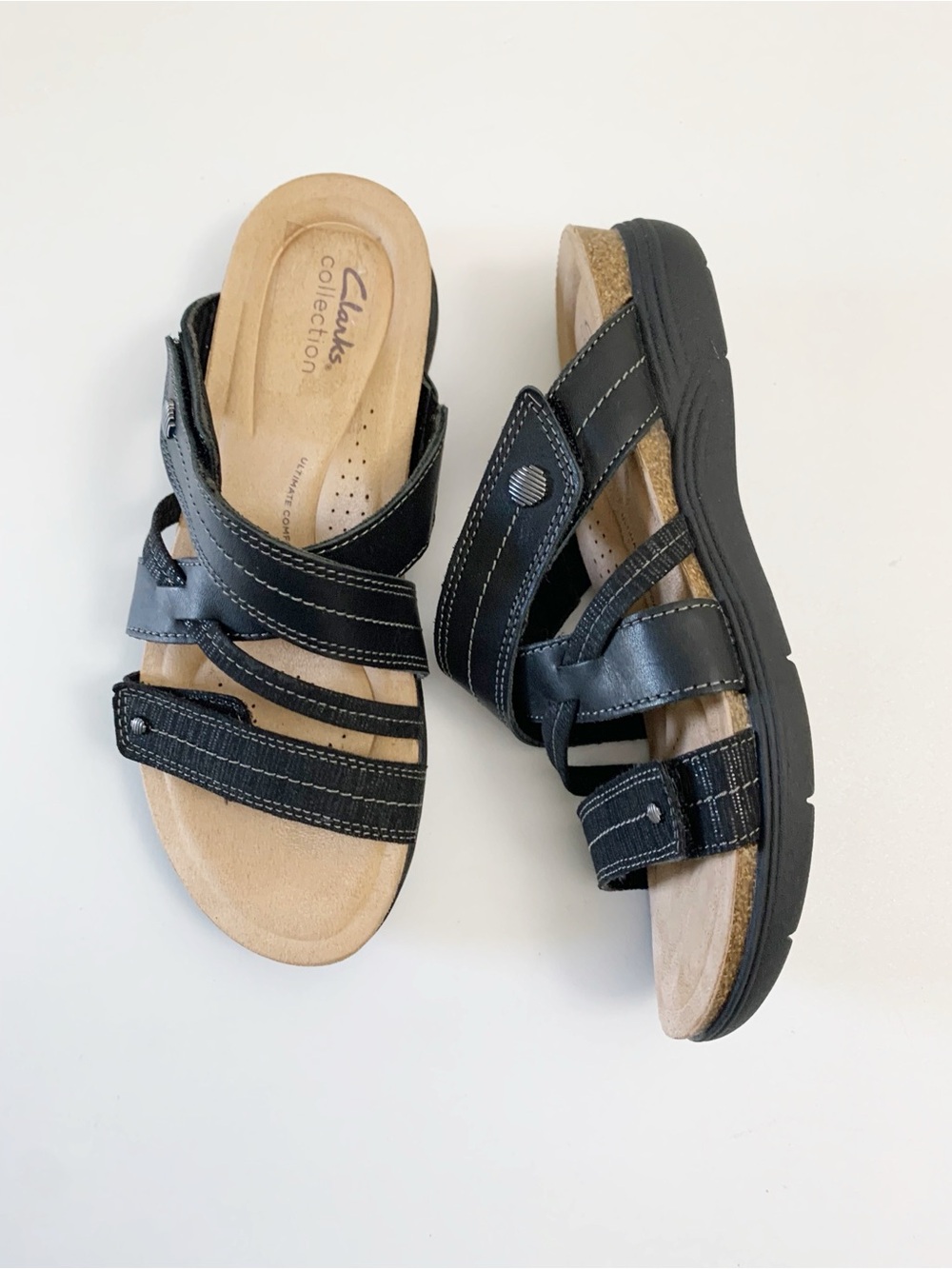 Clarks "April Willow" Black Leather Slide Sandals ~ 8.5
